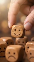 Hand picking a wooden cube with a smiley face among sad face cubes, symbolizing positivity, choice, and mental wellness concepts.