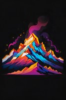 Colorful mountain peaks against dark background with vibrant orange, blue and purple gradient colors, stylized smoke rising above dramatic landscape art.