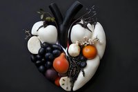 Anatomical heart made from fresh fruits and vegetables on black background, symbolizing healthy cardiovascular nutrition and heart-smart diet choices.