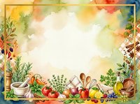 Watercolor cooking frame with fresh vegetables, herbs, kitchen utensils, and ingredients arranged around white center space. Ideal for recipe cards, menus, culinary blogs, food labels.