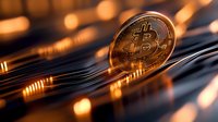 Golden cryptocurrency coin on dark reflective surface with warm bokeh lights and digital pattern background, modern financial technology concept.