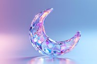 Translucent crystal crescent moon shape with pink and blue iridescent reflections on gradient background, modern abstract art piece with liquid glass effect.