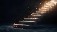 Glowing stairway ascending into darkness with magical light particles and sparkles floating around marble steps creating mystical atmosphere.