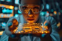 Asian female scientist in protective glasses examining circuit board with glowing reflection in dark laboratory environment with bokeh lights in background.