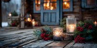 Glowing candle lanterns with festive evergreen branches and red berries on rustic wooden porch of cozy cabin at dusk.