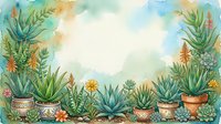 Watercolor succulent garden border with potted plants and flowers creating decorative frame on white background for botanical design projects.