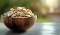 Fresh salted pumpkin seeds in wooden bowl on dark table with blurred natural background, healthy snack for vegetarian nutrition and diet food.