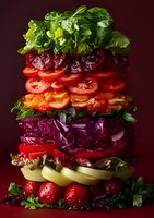 Stacked fresh vegetables and fruits arranged in colorful layers showing ingredients for healthy eating on dark red background, creative food photography composition.