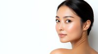 Young Asian woman with natural makeup and glowing healthy skin posing against white background, wellness and beauty concept for cosmetic advertising.