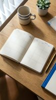 Minimalist workspace with open planner, ceramic mug and succulent plant on wooden desk for productivity and organization.