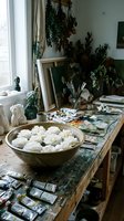 Artist studio workspace with white roses in ceramic bowl, paint tubes, brushes and canvas on wooden table surrounded by dried plants and natural light.