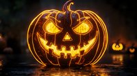 Glowing carved pumpkin with scary face illuminated from within creates spooky Halloween atmosphere against dark background with blurred jack o'lanterns.