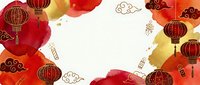 Watercolor red and gold lanterns with decorative clouds on white background, suitable for lunar new year celebrations and festive design projects.