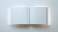Open blank white book with empty pages spread on light background, casting soft shadow. Clean mockup for branding and design presentation.