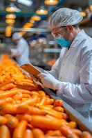 Asian male quality control inspector in protective workwear checking fresh carrots on industrial food processing line. Food safety and agricultural production concept.