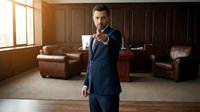 Professional Caucasian businessman in navy suit pointing at camera in luxury office with leather furniture and warm lighting for corporate presentations.
