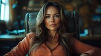 Confident businesswoman with long blonde hair in orange blazer sitting in leather chair, professional corporate portrait with moody cinematic lighting.
