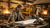 Male engineer in hard hat reviewing blueprints at workbench in industrial factory setting with welding sparks and machinery, suitable for construction, manufacturing, and industrial business concepts.