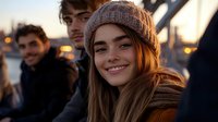 Young woman wearing knit beanie smiles warmly at sunset, surrounded by friends outdoors with city bokeh lights creating atmospheric evening mood.