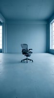 Empty modern office space with single black ergonomic chair on concrete floor, minimalist interior design for corporate, business, and workspace concepts.