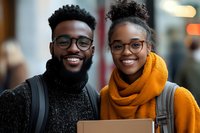 Young African American students with glasses and bright smiles wearing winter accessories on campus. Man in knit sweater and woman in vibrant orange scarf carrying backpacks.