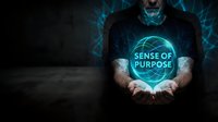 Tattooed male holding glowing orb with sense of purpose text, representing motivation, goal achievement, and personal development for business and wellness concepts.