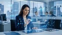 Professional businesswoman analyzing holographic data visualization in modern office environment with digital interface technology and futuristic workspace.