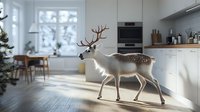 Whimsical spotted deer figure in modern white kitchen interior with Christmas tree, sunlight streaming through windows creating atmospheric shadows.