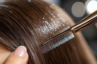 Close-up of woman combing long brown hair with metal brush, showing hair care and grooming routine for beauty and wellness content.
