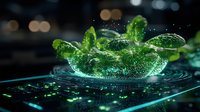 Fresh green mint leaves splashing in water with glowing neon effect and ripples against dark background, magical botanical composition with sparkles and drops.