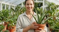 Young Caucasian woman gardener holding potted aloe vera plant in greenhouse nursery, smiling at camera surrounded by green plants and natural light.