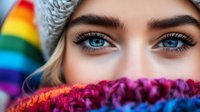 Close up portrait of young woman with bright blue eyes wearing winter knit hat, wrapped in vibrant rainbow colored scarf, showing expressive gaze and long eyelashes.