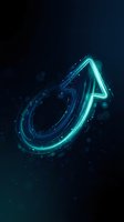 Glowing cyan neon arrow pointing upward with digital particles and light trails on dark background, suitable for growth, success, and technology concepts.