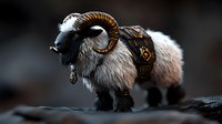 Mystical ram figurine with curved horns wearing fantasy leather harness and armor details against dark background. Decorative collectible art piece.