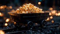 Mining cart filled with glowing golden nuggets on railway tracks against dark background with bokeh lights creating magical atmosphere.