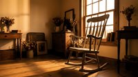 Wooden rocking chair in sunlit room with warm golden light, vintage furniture, dried flowers, and hardwood floor for home decor and interior design projects.