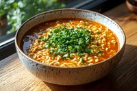 Spicy Asian noodle soup in ceramic bowl garnished with fresh chopped green onions and herbs, served on wooden table with natural lighting.