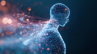 Glowing digital silhouette with particle effect dissolving into space against dark background, representing artificial intelligence and technological transformation.
