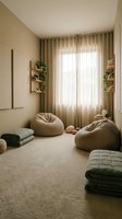 Cozy meditation room with beige bean bags, soft lighting and plants creating peaceful zen atmosphere for mindfulness practice and relaxation.