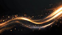 Glowing golden wave with sparkling particles flowing on black background, abstract light trail effect creates magical atmosphere for luxury designs.