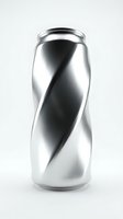 Metallic aluminum beverage can with twisted spiral design on white background for packaging and branding projects.