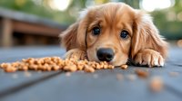 Adorable golden retriever puppy with sad eyes lying near scattered kibble on wooden surface, shallow depth of field creates dreamy bokeh background.