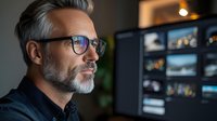 Mature Caucasian businessman with gray beard and glasses analyzing data on multiple computer monitors in modern office environment for strategic planning.