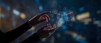 Businessman hands holding glowing digital network connections with floating geometric shapes representing modern technology and data transfer concepts.