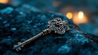 Vintage ornate silver key with decorative handle lying on dark textured surface with soft bokeh lights creating mysterious atmospheric mood.