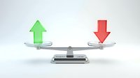 Green up arrow and red down arrow balanced on opposite sides of a scale, representing profit and loss, market trends, financial growth and decline, business performance metrics.