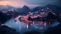 Glowing red network connections illuminate mountainous landscape at dusk, creating futuristic visualization of interconnected data points across terrain in purple hues.
