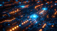 Futuristic circuit board with glowing blue and orange lights creating depth effect, perfect for technology and innovation concepts in web design and presentations.