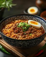 Spicy Asian noodle soup with minced meat, soft-boiled egg, and fresh herbs served in traditional patterned ceramic bowl on wooden board. Perfect for food menu.