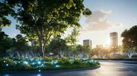 Magical evening park landscape with glowing blue lights among trees and modern city buildings silhouettes at sunset. Urban garden design concept.